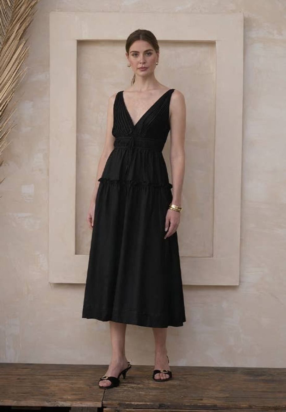 Moon River Pleated V-Neck Front Tie Sleeveless Midi Dress
